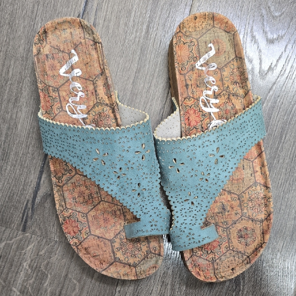 Very G Blue Sandals with Perforated Strap and Cork Footbed